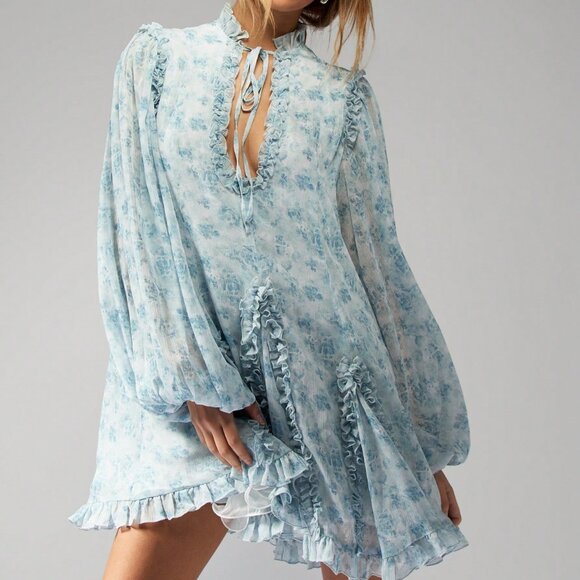 Baby Blue Boho Women's Smocked Floral Mini Dress - Picture 1 of 5